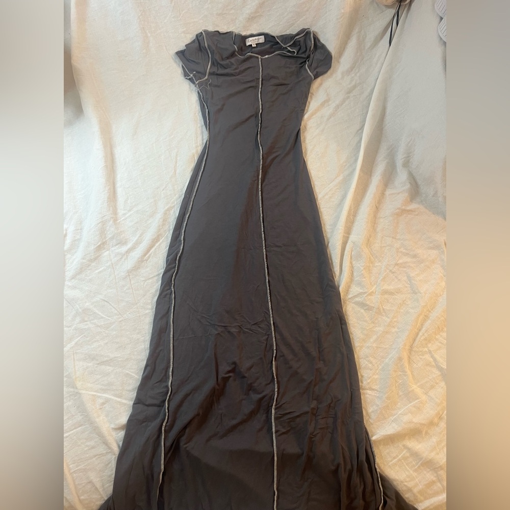 Chic Gray Maxi Dress with White Stitching
